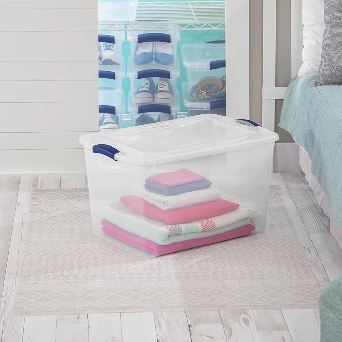 66 Qt Storage Bins 6-Pack, Clear Plastic Containers with Latching Lids | Clear Base & Lid, Secure Blue Latches, Recessed Stacking, 66Qt Capacity, BPA-Free Plastic