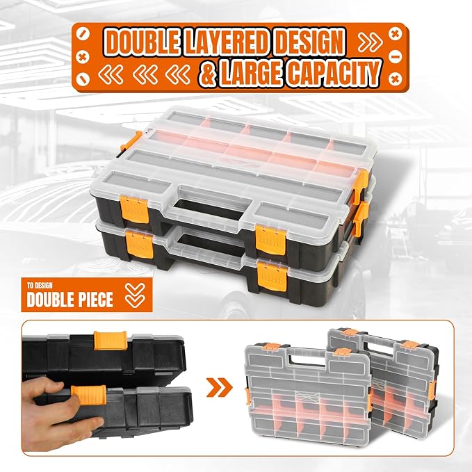 Jack Boss Tool Box with Transparent Lid, Single Side 17-Compartments Organizer Box with Removable Dividers for Hardware, Screws, Bolts, Nails, Beads, Jewelry and Fishing Accessories, Orange, 2 Pack