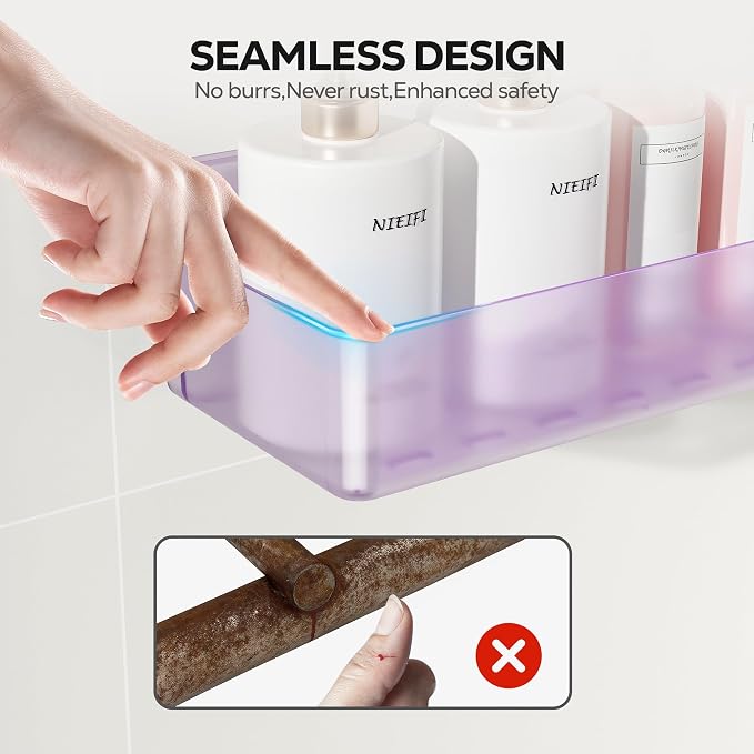 Nieifi Adhesive Shower Shelves, Purple, 5 Pieces | Rustproof ABS, Large Capacity, Removable Design, Easy-Clean, No Drilling Shower Organizer for Bathroom Storage & Home Decor