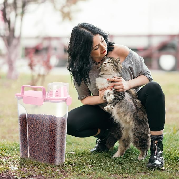 5-7LBS/6Qt Dog Cat Storage Container Portable with Upgraded Large Spout and Cup, Plastic Pet Food Dispenser for Small Animal Kibble, Bird Seed, Oatmeal, Rice, Flour, Brown Sugart-2 pack Smoky Pink