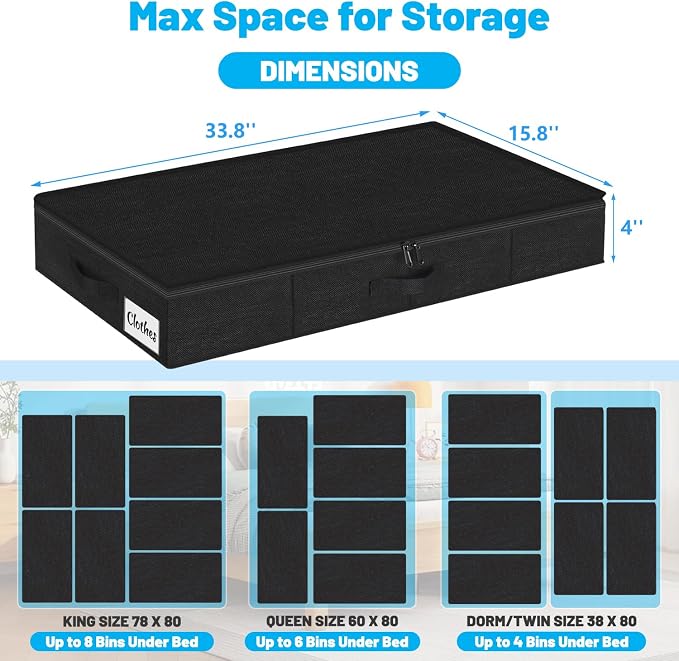 Under Bed Storage Container Bins 4 Pack, 4 Inch Thin Low Profile Underbed Clothes Storage Organizer for Dorm & Home, Use for Blanket and Toy Storage Box W/ Sturdy Bottom/Sides, Foldable Thick Fabric