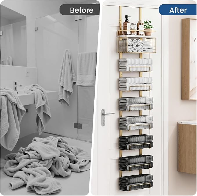 Aetyord Towel Racks for Bathroom Over The Door Towel Racks Towel Storage Organizer with Metal Shelf Basket for Bathroom Rv Camper (9-Tier Gold with White Plank)