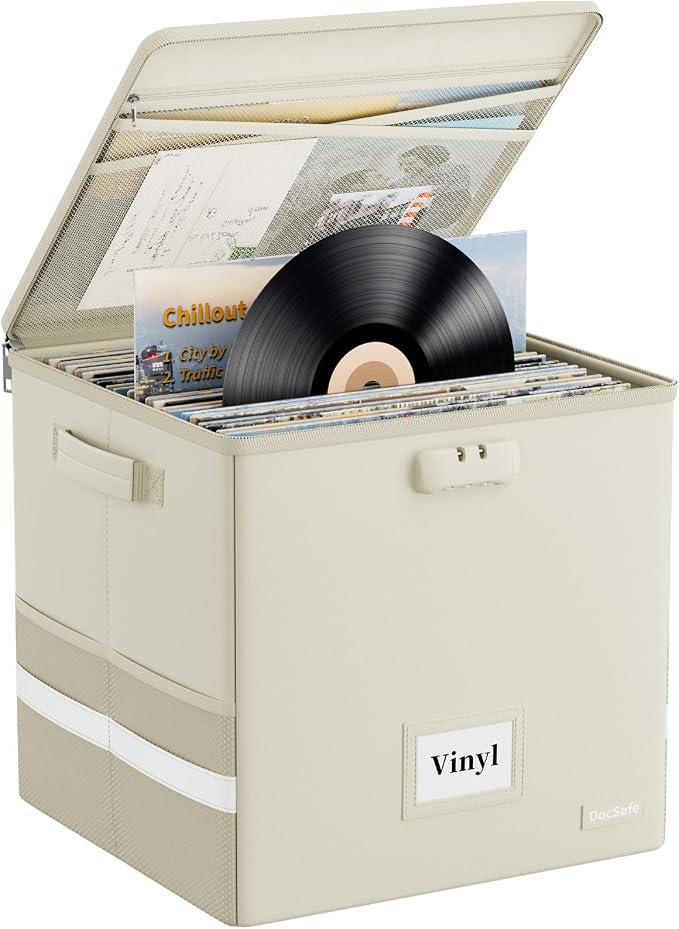 DocSafe Fireproof Vinyl Record Storage Box with Lock, Beige, 13"x13"x13" | Record Organizer for 100+ Single Records(12-inch),Collapsible,with Lid&Handles,Valuable Album Collection,Home&Travel Safe