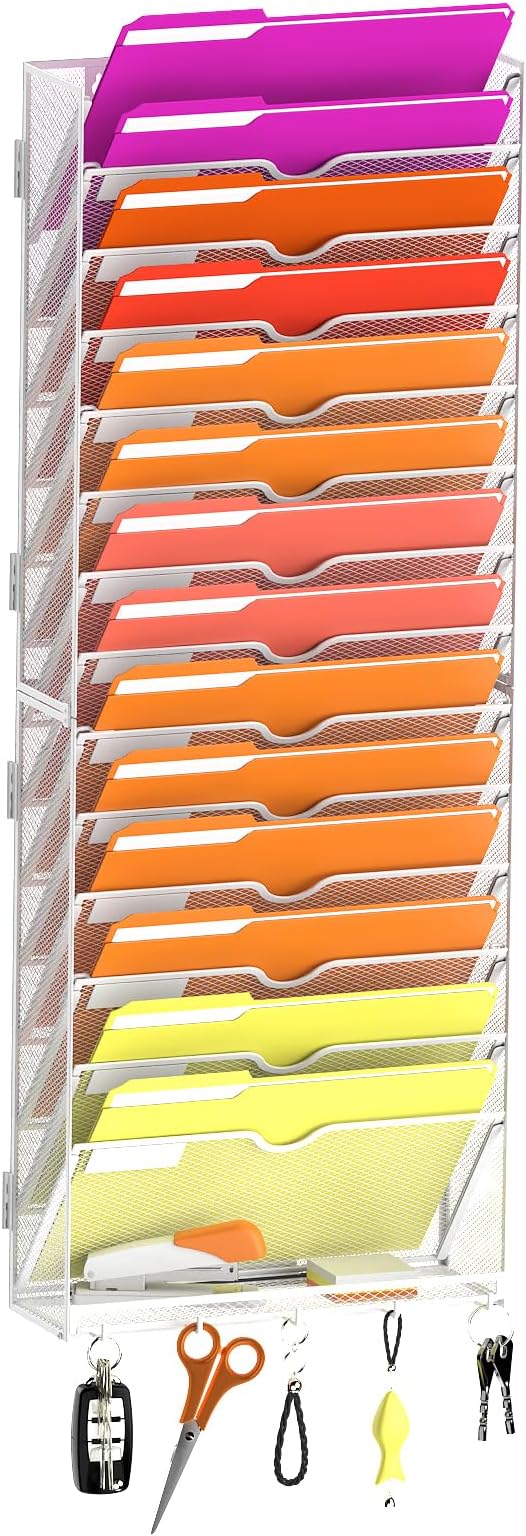 15-Tier Wall File Organizer with Base and Hooks, Hanging Organizer, White | Wall Organizer and Wall File Holder with 15 Vertical Pockets and Bottom Tray for Files, Mail, Folders, Magazines and Paper