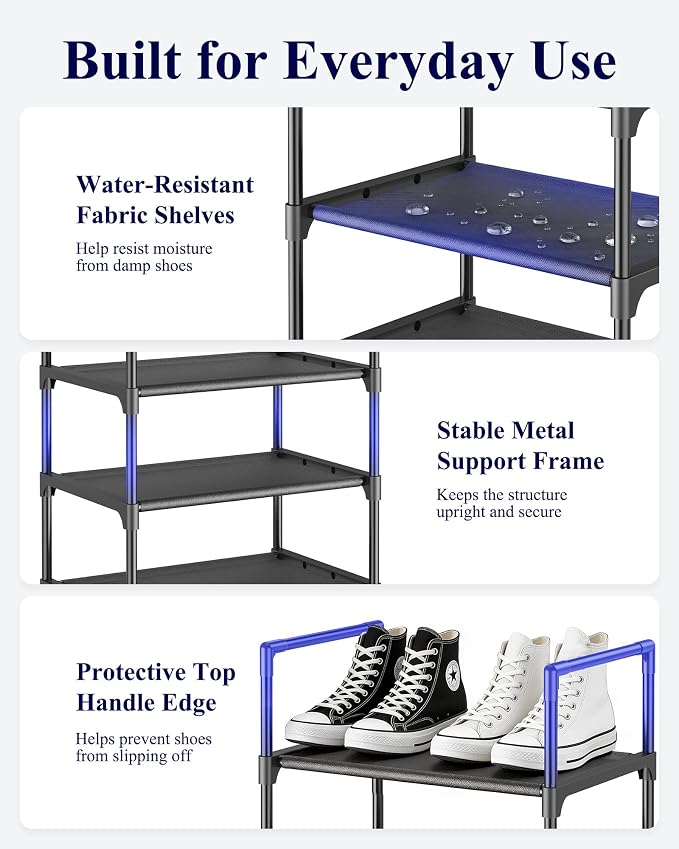 Kitsure Shoe Rack - 10-Tier Shoe Organizer with Detachable Fabric Shelves & Metal Frame, Tall Shoe Rack for Closet, Entryway, Living Room, 16.9" Wide - 10 Tier, Black