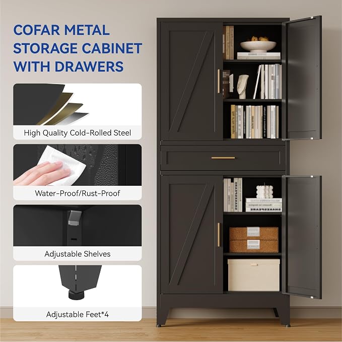 COFaR 71'' Tall Metal Pantry Cabinet with Drawer, Kitchen Storage Cabinet with 4 Doors and Shelves, Freestanding Farmhouse Food Cupboard for Kitchen Dinning Room Garage, Black 6-Tier