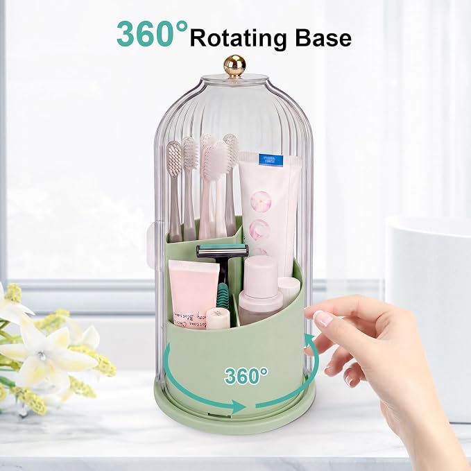 QIYVLOS Toothbrush Holders with Sliding Lid, Rotating 3 Slots Bathroom Organizer Countertop, Tooth Brush Toothpaste Holder Bathroom Counter Stand Sink Organizer Caddy for Makeup Brushes Holder (Green)