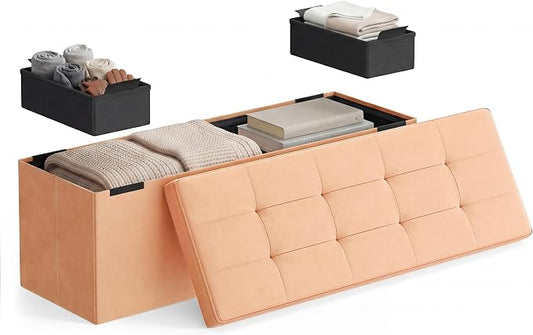 SONGMICS HOME Ottoman with Storage, Removable Lid, Folding Storage Chest, Easy Assembly, for Entryway, Bedroom, Living Room, 15.2 x 43.2 x 15.2 Inches, Velvet, Orange