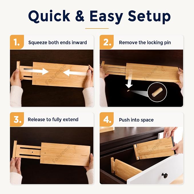 Fabsome Dresser Drawer Organizers 6 Pack, 4.65'' High Adjustable from 12.5-17‘’ Bamboo Drawer Dividers for Clothing Baby Clothes, Wooden Separators for Dresser Nursery Organization with Soft Foam Ends