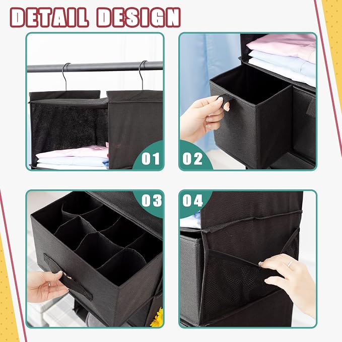 6-Shelf Hanging Closet Organizer with 5 Drawers, Non-Woven Storage, Black | Spacious compartments sort clothes & undergarments; foldable drawers add hidden storage for closets, wardrobes or RVs.