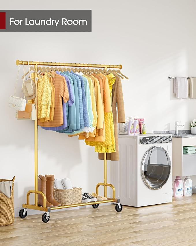 Sakugi Clothes Rack - Large-Capacity Clothing Racks for Hanging Clothes with Lockable Wheels, Space-Saving Metal Coat Rack for Bedroom, Laundry Room, Entryway, 45.6" x 16.9" x 59", Gold