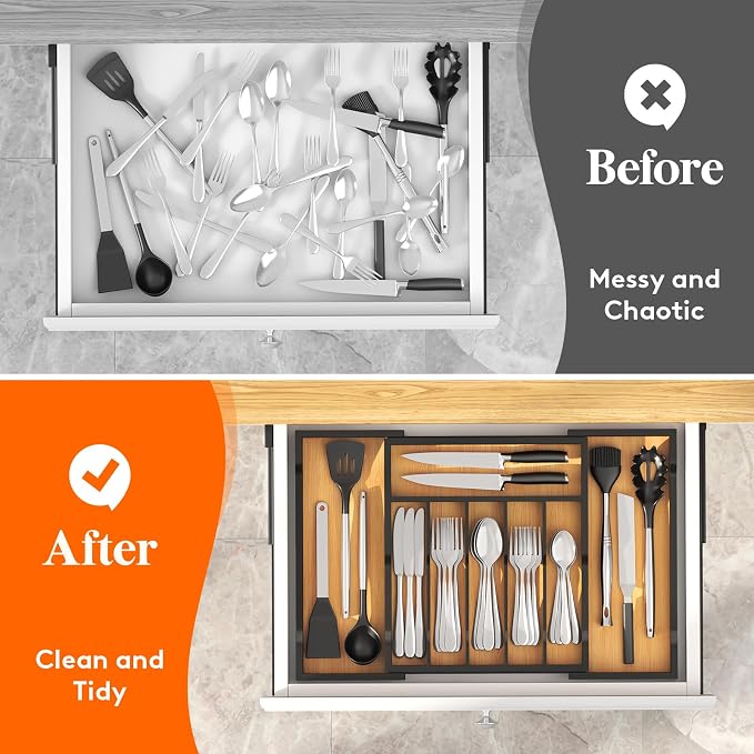 Lifewit Silverware Drawer Organizer, Wooden Utensil Tray for Kitchen | Expandable Flatware and Cutlery Holder, Adjustable Storage for Spoons Forks Knives, 13-22x15", Natural and Black