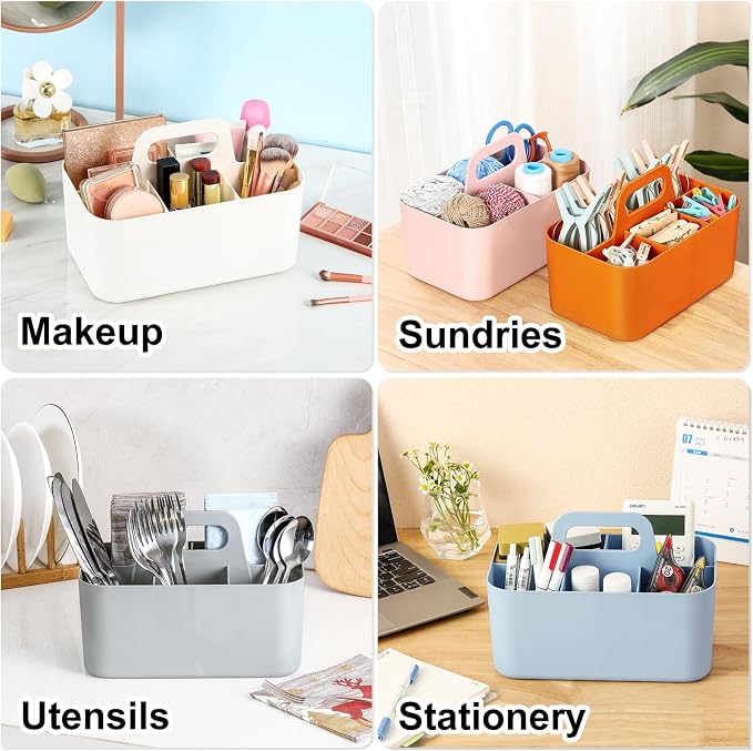 Multiuse Caddy Organizer with Handle, Portable Divided Plastic Tote Bin - Art Craft, Stationary Pen Marker Crayon, Makeup Hair Supplies Storage - Bathroom, Classroom, Dorm, Office, Desk Holder -Orange