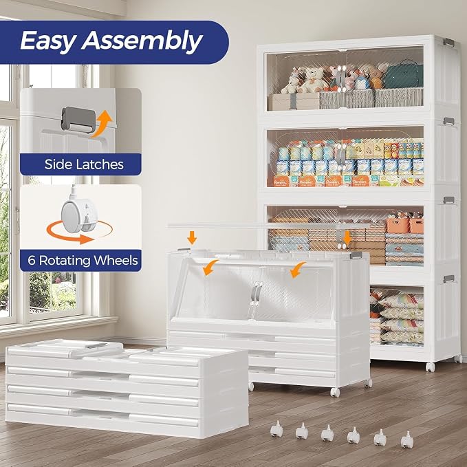 720QT Extra Large Stackable Storage Bins with Lid, 180Gal Plastic Closet Organizers and Storage Drawer, Collapsible Cabinet Box with Wheels Clear Doors for Home Kitchen Garage, 3Pack White