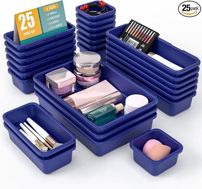 25 PCS Drawer Organizer Set, 4 Size Makeup Drawer Divider Organizer With Non-Slip Pads, Interlocking Plastic Storage Bins for Office,Jewelry Vanity,Gadgets, Bathroom,Kitchen, Navy