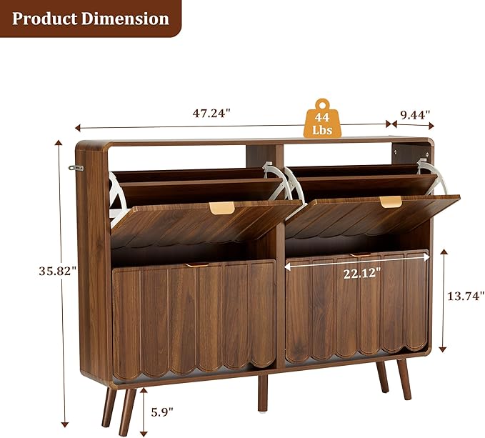 Shoe Storage Cabinet for Entryway with 4 Flip Drawers, Freestanding Narrow Wood Shoe Cabinet with Wave Panel, Hidden Shoe Organizer for Foyer, Hallway (Walnut)