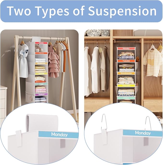 Fixwal Weekly Kids Clothes Organizer 2 Pack 6-Shelf Hanging Storage | Nonwoven Fabric, 6 Daily Shelves, 6 Mesh Side Pockets, 2 Metal Hooks, Foldable Design, for Kids Outfits and Accessories