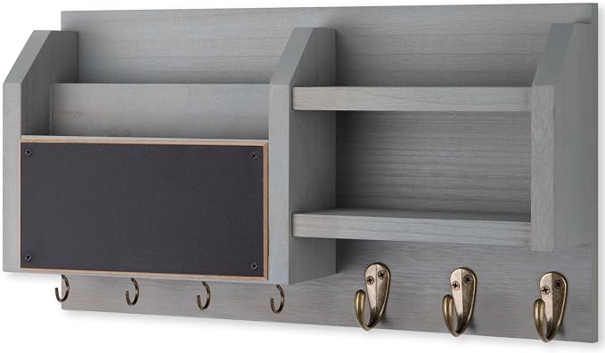 Lwenki Mail and Key Holder – Wall Mount Key Hanger with Shelf and 7 Metal Hooks – Decorative Natural Paulownia Wood Entryway Organizer with Mounting Hardware (16.5”W x 8.7”H x 3.5”D) (Gray)