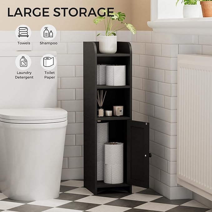 Homhedy Small Bathroom Storage Cabinet, Narrow Toilet Paper Cabinet | Corner Floor Cabinet with Door and Shelves, Slim Bathroom Cabinet for Small Spaces, 9.8" D x 7.9" W x 31" H, Black