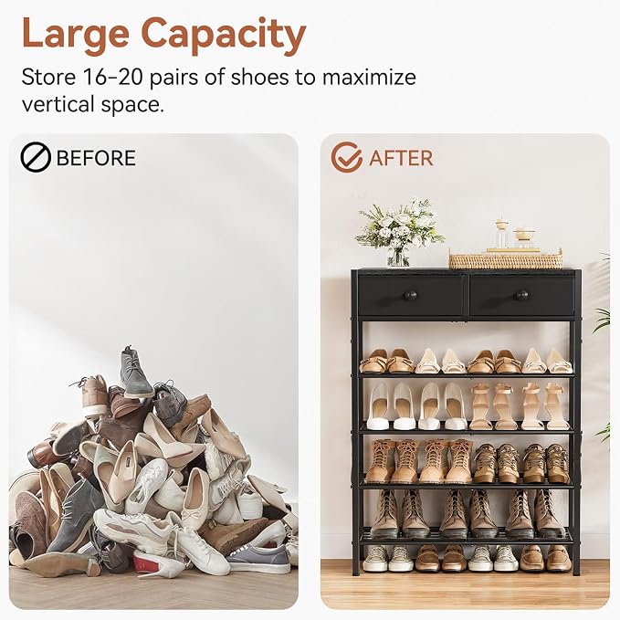 5 Tier Shoe Rack with 2 Drawers, 16-20 Pairs Charcoal | Holds 16-20 pairs. 2 drawers for socks/keys. Removable layer for boots. Anti-tip kit included. Quick assembly.