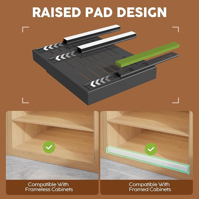 Seinloes 6Pack Expandable Pull Out Cabinet Organizer 21"Deep with Raising Pad for Framed Cabinets,Slide Out Drawers with 4pcs Divider Racks,Roll Out Shelves Adhesive,Adjustable Width 12.05"-20.4"Black