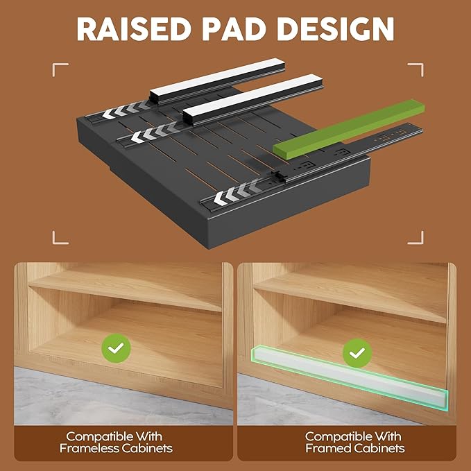 Seinloes 2 Pack Expandable Pull Out Cabinet Organizer 16.5"Deep With Raising Pad for Framed Cabinets,Upgrade 3 Slide Rails Slide Out Drawers,No Drill Roll Out Shelves,Adjustable Width 12.2"-20.4"Black