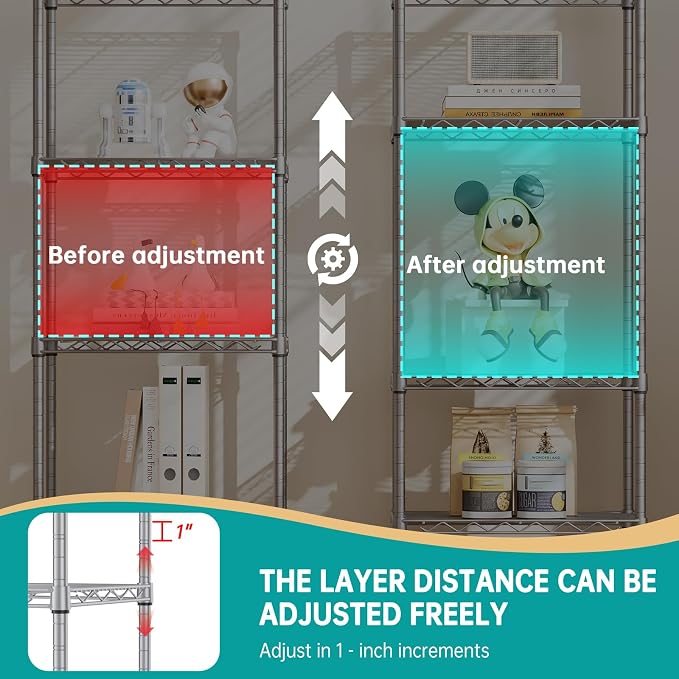 SINGAYE Metal Shelves Wire Shelving Storage Standing Adjustable Shelf Unit | 5 Tier Mesh Units Shelf for Kitchen Laundry Bathroom Closet Organizers Pantry Narrow Home Rack 10" D x 16" W x 55" H Gray