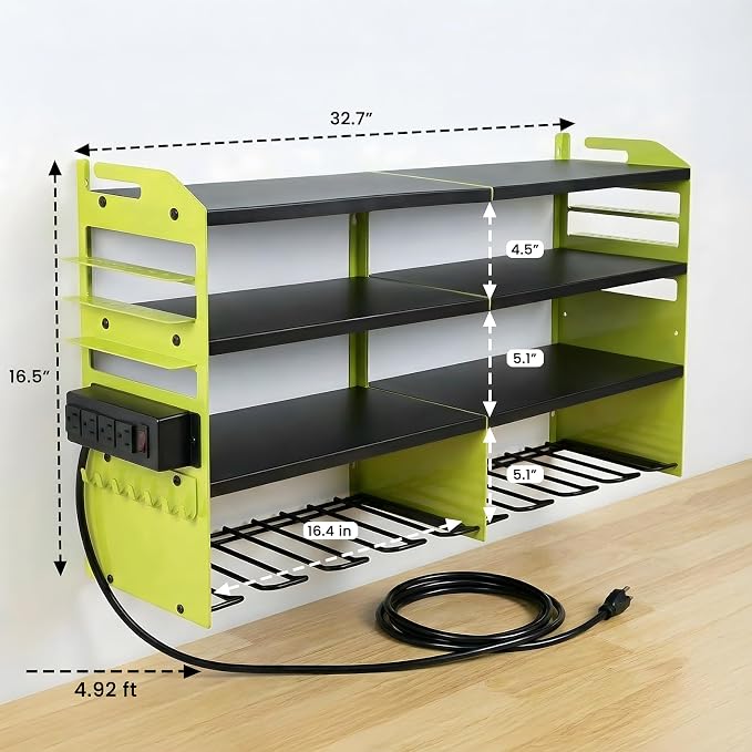 Power Tool Organizer Wall Mount, Includes Power Strip, GREEN | Heavy Duty 600 Lbs Metal Tool Storage Rack, 4-Tier Garage Drill Holder & Workshop Battery Management Station