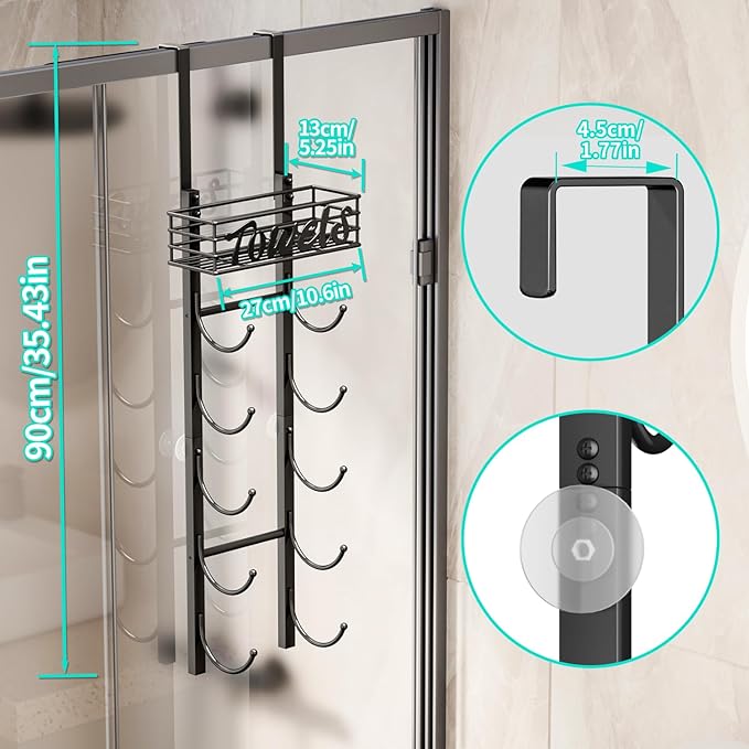HapiRm Towel Racks for Bathroom Storage - 6 Tier Over The Door & Wall Mount Rolled Towel Storage Organizer Holder with Metal Shelf Basket for Small Bathroom, Camper, Rv - Black, Patented