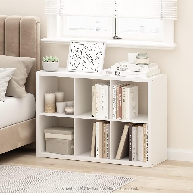 Furinno CUBICLE 6-Cube Book Shelf, Extra Thick Frame Bookshelf, White | 14.6" x 44" x 30", Horizontally & Vertically Reversible Bookcase with Open Back, for Living Room, Bedroom, Home Office