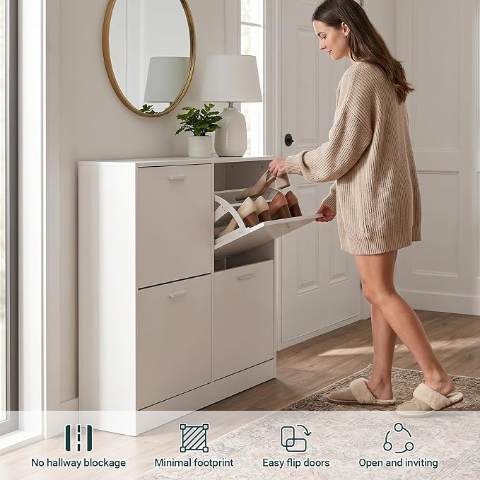 Shoe Cabinet with 4 Flip Drawers, Narrow Freestanding Shoe Organizer, Hidden Slim Shoe Storage Cabinet for Entryway, Hallway, Living Room, White