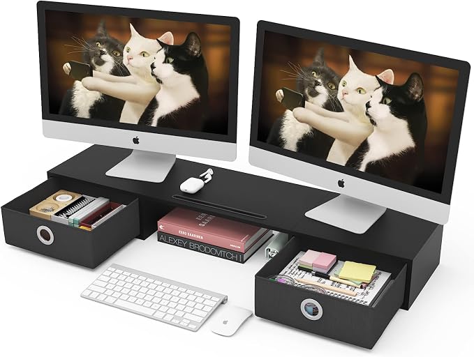 WESTREE Dual Monitor Stand Riser with Two Drawers, Extra Large Storage Monitor Stand for 2 Monitors, Desktop Oraganizer Stand for Computer,Laptop,Screen,Printer,TV