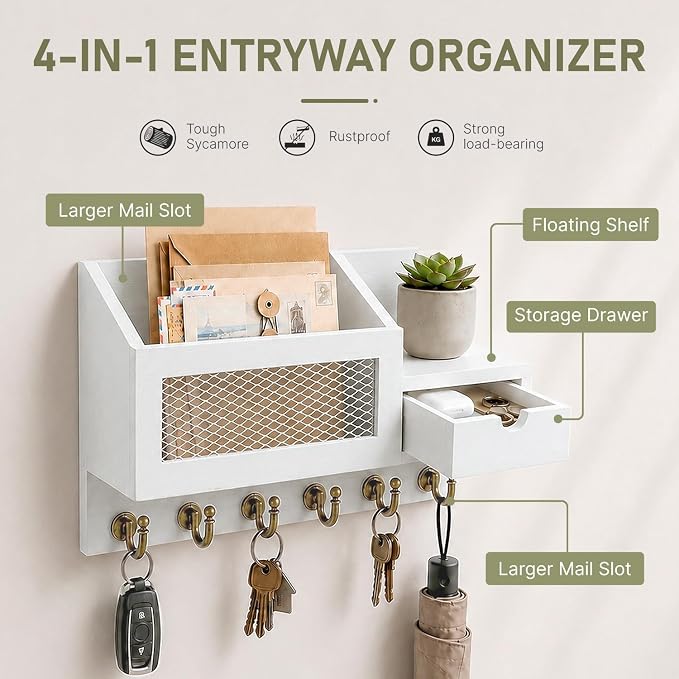 FifthQuarter Key Hanger Wall Mount with Drawer and 6 Sturdy Key Hooks | Wooden Entryway Organizer and Decorative, Easy Installation