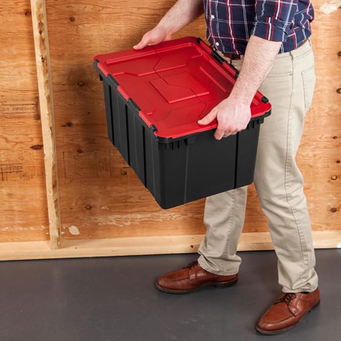 Sterilite Industrial Storage Tote with Lids for Garage, 12 Gallon, 12-Pack | Heavy-Duty and Stackable Utility Box Containers for Home, Office, and Basement Organization, Black/Red