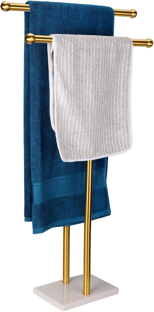 WAYDELI Standing Towel Rack Double-T Shape Tall Bath Towel Sheet Holder with Marble Design Base for Bathroom 2 Tier Towel Holder Stand Stainless Steel (Brushed Gold)