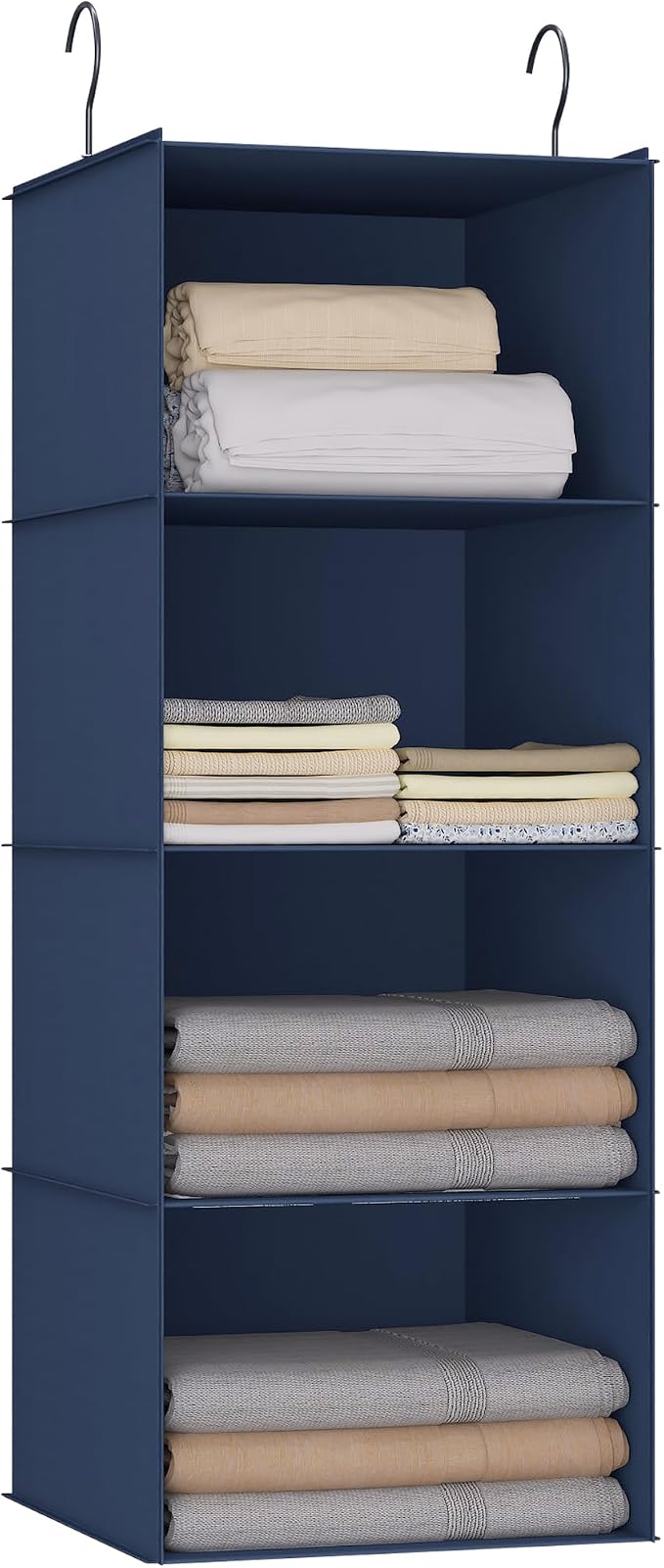 Hanging Closet Organizer 4-Shelf, Oxford Fabric Wardrobe Storage, Navy Blue | Easy-mount foldable design holds clothes, handbags, shoes & accessories; washable Oxford fabric, sturdy and space-saving.
