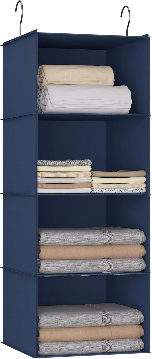 Hanging Closet Organizer 4-Shelf, Oxford Fabric Wardrobe Storage, Navy Blue | Easy-mount foldable design holds clothes, handbags, shoes & accessories; washable Oxford fabric, sturdy and space-saving.