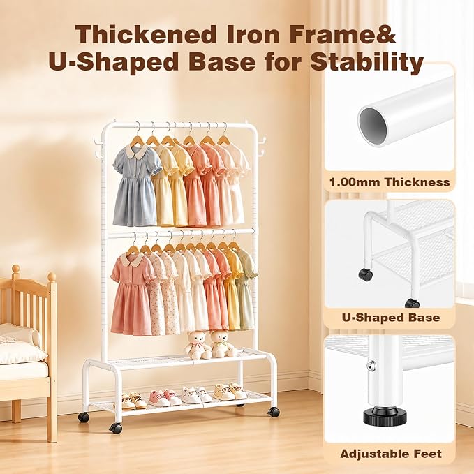Rolling Kids Clothing Rack: 360° Wheels 2 Lockable for Easy Moving | 44 lb Hanging Capacity Metal Garment Rack with 2 Storage Shelves & 4 Hooks for Baby Toddler Young Kids, White