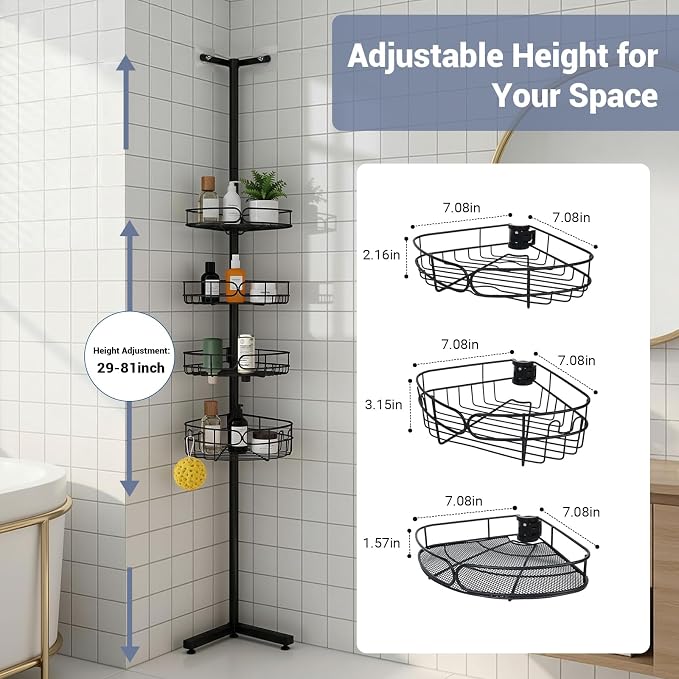 Standing Shower Caddy Corner, 4-Tier Adjustable Height Bathroom Organizer, 6-Section Pole, Sturdy Floor Standing Shelf for Shower – No Drilling, No Spring Tension