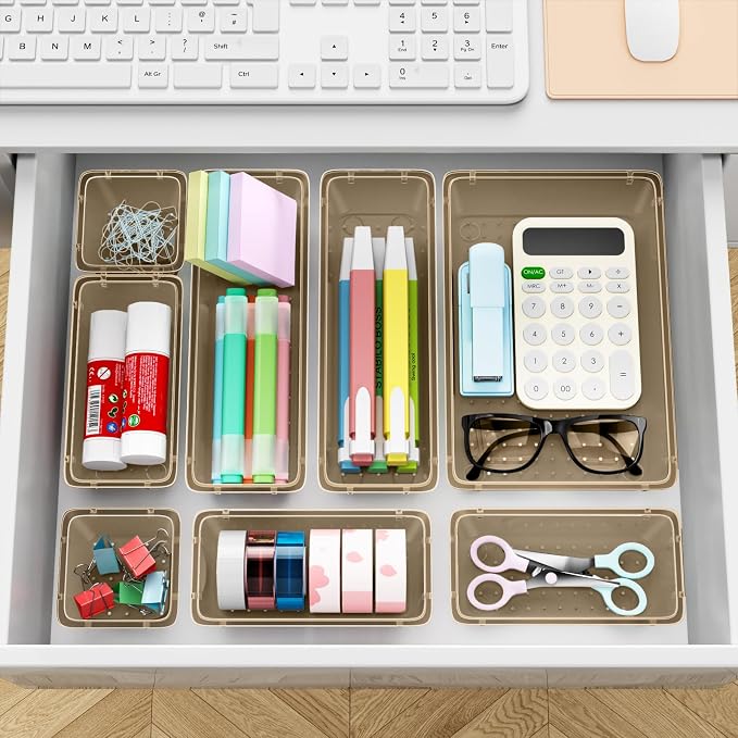 12 PCS Drawer Organizer Set, Makeup Organizers, Champagne | 4 Sizes, Plastic, Stackable, Multiple Gadgets, Desk Drawer Divider Organizers, for Makeup, Office Supplies Storage
