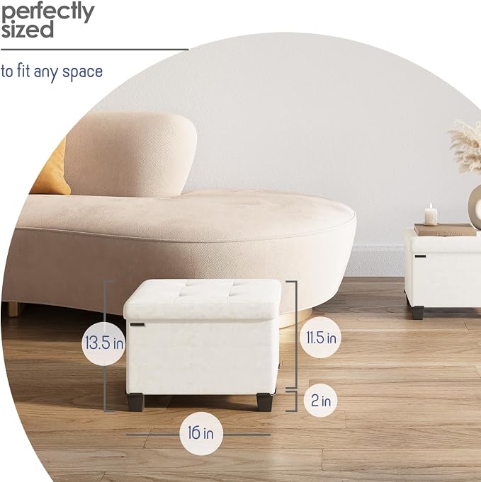 Storage Ottoman Cube with Small Bin, 16-in Square Ottoman with Storage for Living Room and Bedroom, Small Ottomans Foot Rest, Velvet Foot Stools Ottomans Max 330lbs, Cream