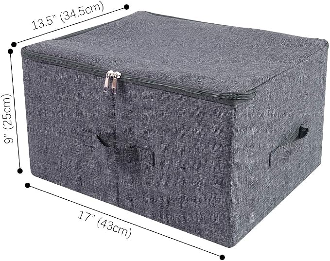 2Pcs Fabric Folding Washable Wardrobe Clothes Storage Baskets with Zip Lid | cabinets, shelves, attics, or atop closets organizer,17.6×13.6×9.7", Space Saving, breathable linen, sturdy plastic boards