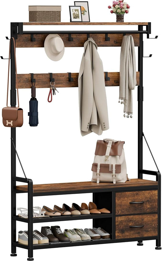 Coat Rack, 39.4” Hall Tree with Shoe Storage Bench, Rustic Brown | 5 in 1 Entryway Furniture Organizer, 21 Hooks, 2 Fabric Drawers, Handy Clothes Rail