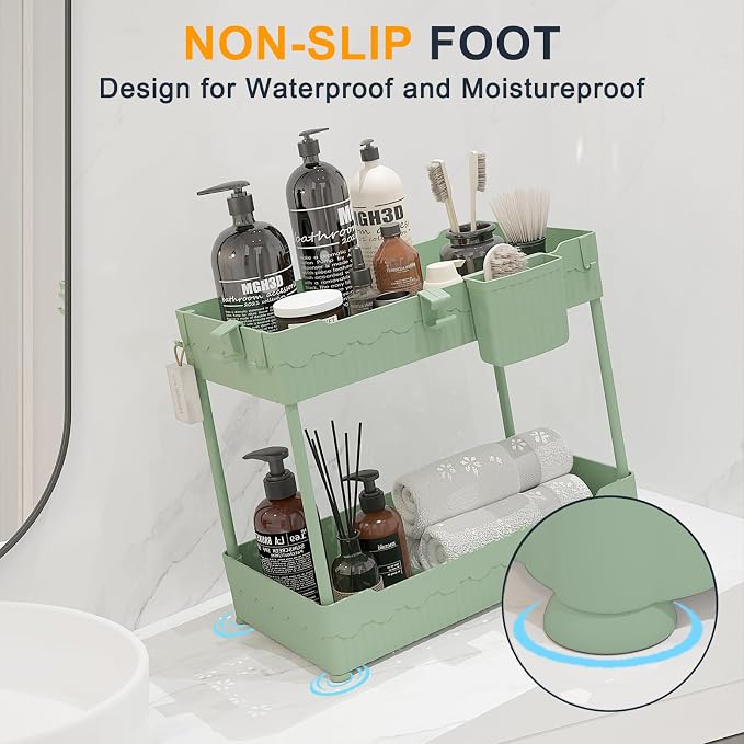 Sevenblue 2-Pack Under Sink Organizer with Hooks & Hanging Cup for Kitchen | Multi-use kitchen & bathroom storage, 14.8 inch green cabinet organizer, with hooks and hanging cup for easy access.