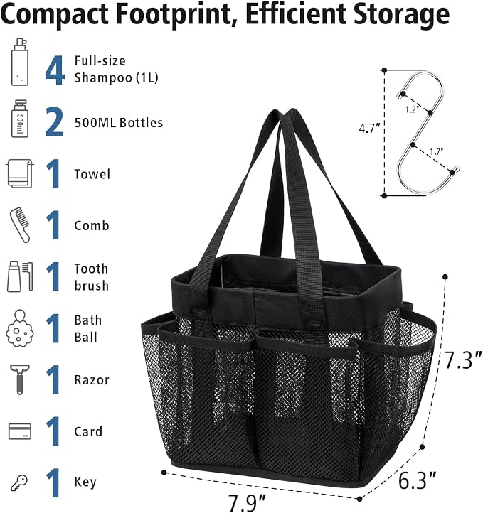 F-color Mesh Shower Caddy Portable - Stand Up 8 Pockets for Dorm, Black | Stand Up Frame, S Hook, Collapsible Organizer, Mesh Shower Bag Bathroom Tote for College Dorm, Camping, Gym, Travel