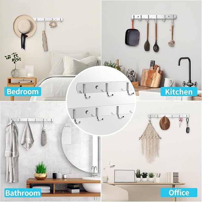 Coat Rack Wall Mount, 2Pack 6 Hooks Stainless Steel Towel Hooks | Easy-to-install 6-hook wall-mounted hooks suitable for bathrooms, kitchens and garages