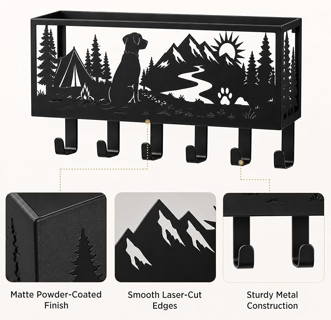 Custom Dog Leash Holder for Wall Pet Supply Organizer with Storage Basket | Custom metal dog leash holder, pet supply organizer with storage basket, wall mount hooks for entryway and dog accessories