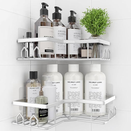 Adhesive Shower Caddy, 2 Pack Corner Bath Organizer, Rustproof Stainless Steel Shower Shelves with Large Capacity, No Drilling Shelves for Bathroom Storage, Home, Kitchen Décor(XL-White)