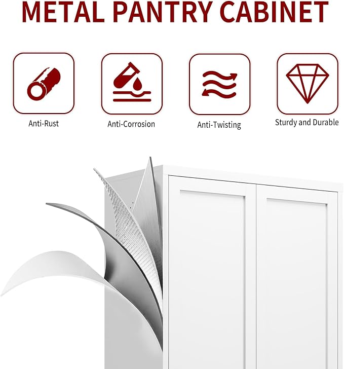 AQY Kitchen Pantry Cabinet,61" White Pantry Storage Cabinet with 4 Tier Adjustable Shelves and 2 Doors,Freestanding Cupboard,Metal Pantry Cabinets with Handle for Living Room Kitchen Assembly Required
