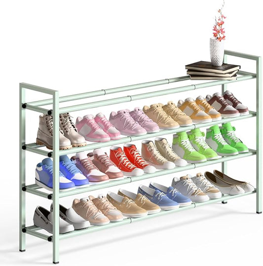 Bumusty 4 Tier Long Expandable Shoe Rack for Closet, Green | 18"-44" Adjustable Shoe Rack for Entryway, Shoe Organizer for Dorm, Front Door, Sturdy Metal